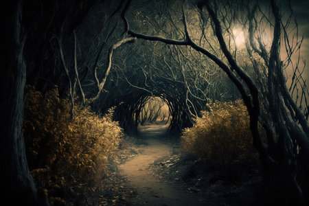 Fantasy eerie wooded trail lined with dry twigs and treesの素材