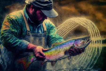 Fisherman removing large rainbow trout from his netの素材