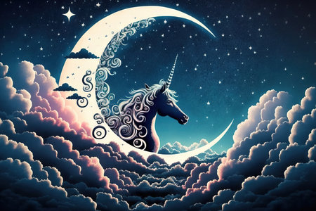 Fantastic sky with fluffy clouds and a crescent moon, with a magical unicornの素材