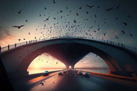 Flock of birds flying near bridgeの素材