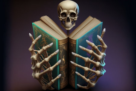 For Halloween, skeleton hands hold magic booksの素材
