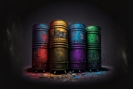 Four oil barrels with graffiti on a dark backdropの素材