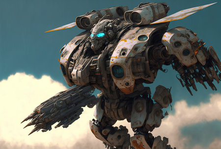 Military robot flying in the skyの素材
