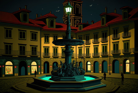 Fountain in a square at night. pamplonaの素材