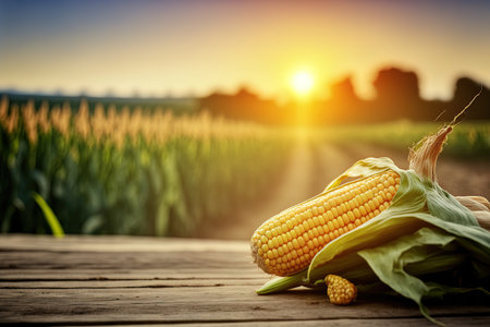 Fresh corn on a wooden table with a backdrop of a cornfieldの素材