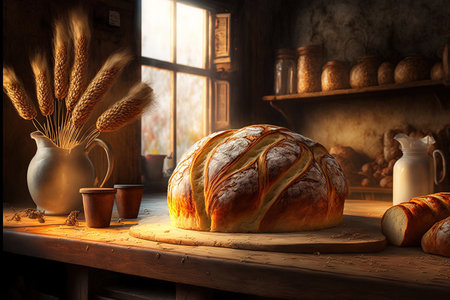 Fresh bread with a crust on a wooden table in a bakeryの素材