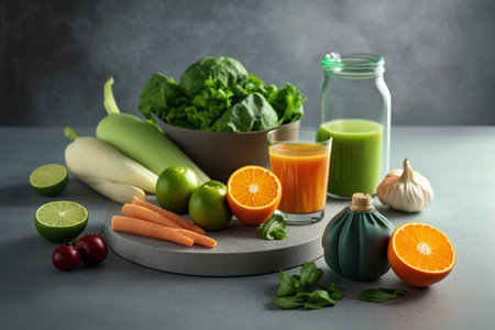 Fresh ingredients and delicious vegetable juices on a light gray tableの素材