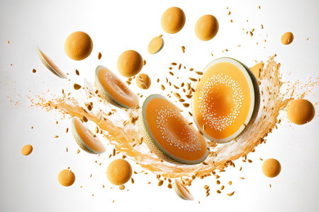 Fresh cantaloupe melon slices flying in the air against a white backgroundの素材