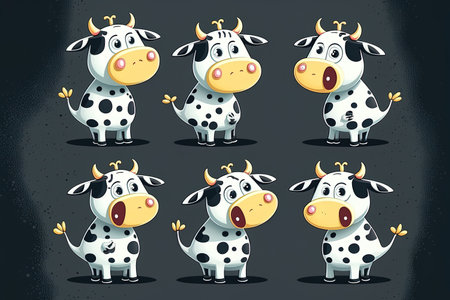 Funny spotted cow set on a gray backdrop. picture in a cartoonの素材