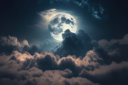 The night sky with the full moon between the cloudsの素材