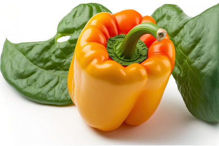 Isolated fresh pepper with leaves on a white backdropの素材