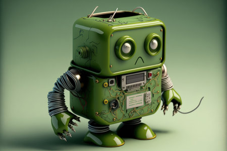 Robot carrying a green computer circuit board and looking irate in an old tin toyの素材
