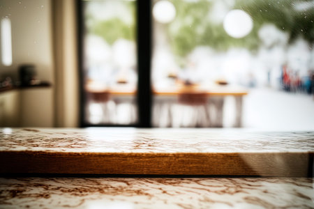View of a barren marble counter from inside a glass doorの素材