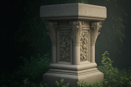 pedestal made of stone with a background of greeneryの素材