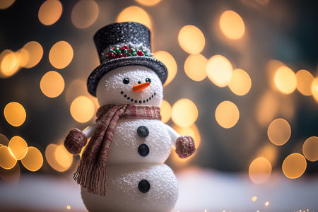 Toy snowman against a background of holiday lights. image that has a copy spaceの素材