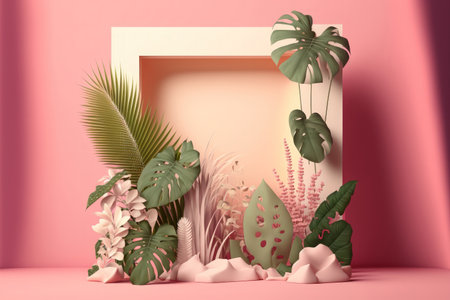 The artwork shows a white square stage with tropical plants on a pink backgroundの素材