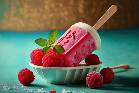 Fresh raspberries with homemade raspberry ice cream.の素材