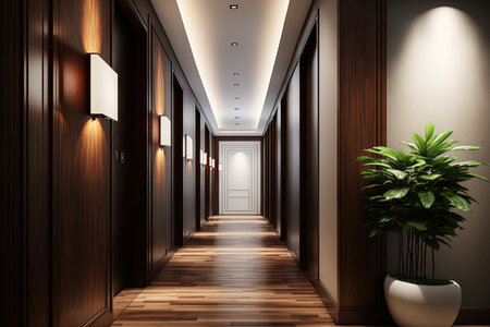 Modern, luxurious hotel corridor with wood and tileの素材