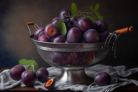 beautiful, juicy plums in a colander on a tableの素材
