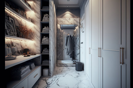 toilet and bathroom with marble tiles, as well as a wardrobe with a walk in closetの素材