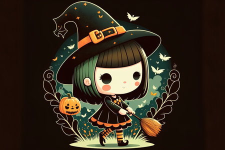 Illustration of a little, adorable Halloween witch with a broomstickの素材