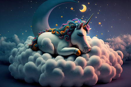 In clouds, a sweet cartoon unicorn sleeps on the moonの素材