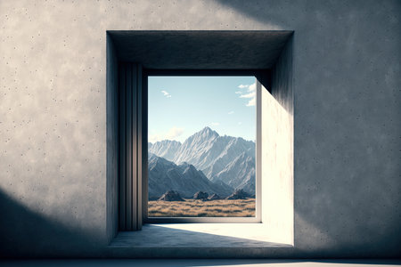 Illustration of a barren concrete room with a big window against a backdrop of natureの素材