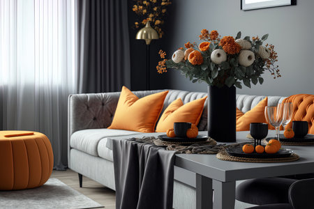 Interior of a living and dining area with a grey couch and an orange tableclothの素材