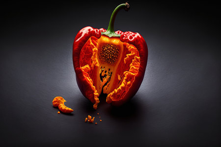 Image of a cut in, seed filled habanero red chili pepper on its ownの素材