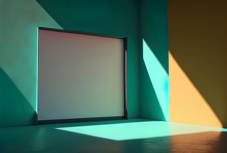 Mock up of a screen with a shadowed, colored wall in the backgroundの素材