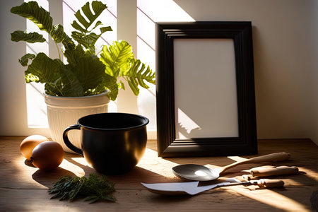Kitchenware is shown in a blank black photo frame on a wooden table in the sunlightの素材