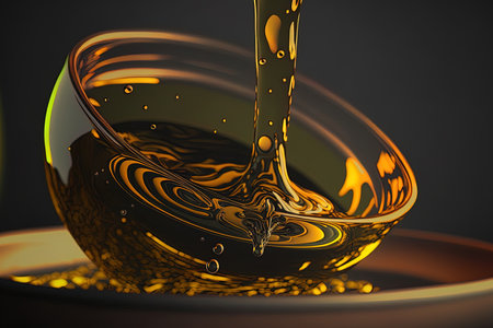 Olive oil flowing into bowl in close upの素材