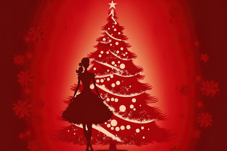On a red background, a charming Christmas tree and figureの素材