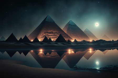 Pyramids and river in the Egyptian desert at nightの素材