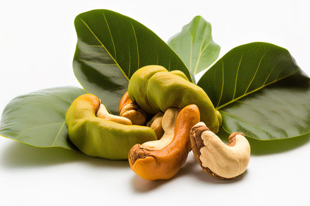 Isolated cashew nuts with a leaf on a white backdrop. macroの素材