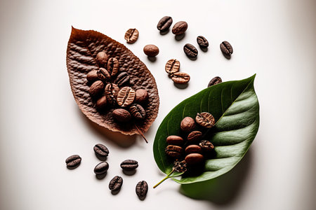 On a white backdrop, two sparkling, freshly roasted coffee beans with leaves are seenの素材