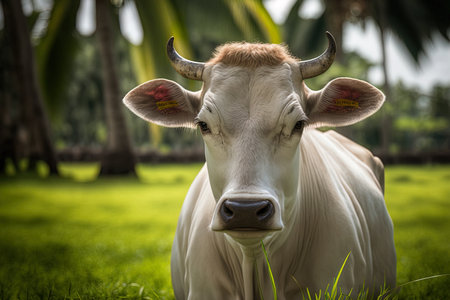The likeness of a tropical light A cow from Asia grazes on lush grassの素材