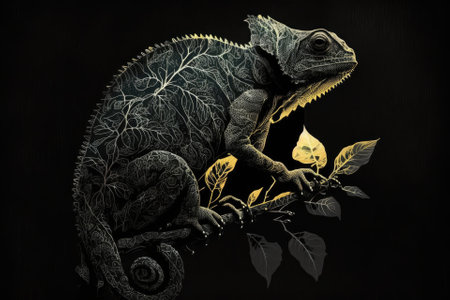 The chameleon is a black silhouette against a dark backgroundの素材