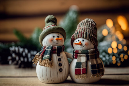 Two snowmen are seated on a hardwood floor next to a Christmas treeの素材