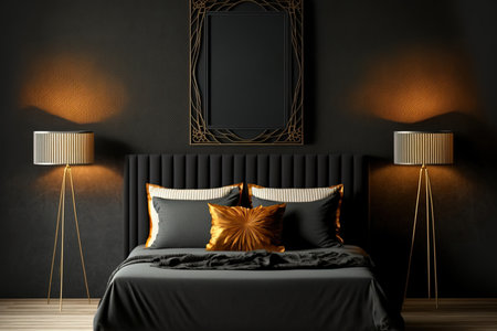 mock up of a poster frame in a dark bedroom with rattan furnishingsの素材