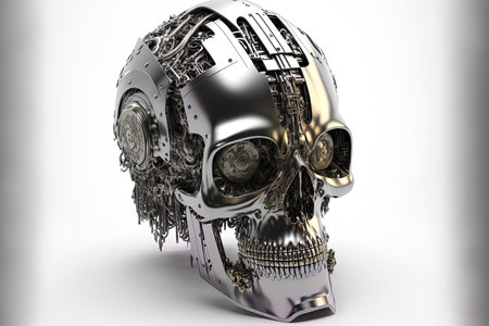 metal cyborg skull isolated on white backgroundの素材