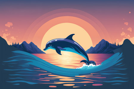 dolphin leaping from the water at dawnの素材