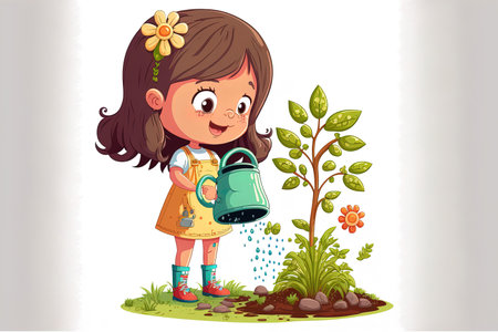 adorable little girl standing and watering a flowerの素材