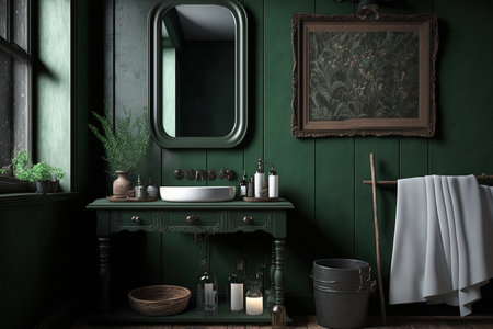 a mock up of a rustic bathroom wall in dark greenの素材
