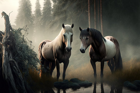 scene in the wild with two horsesの素材