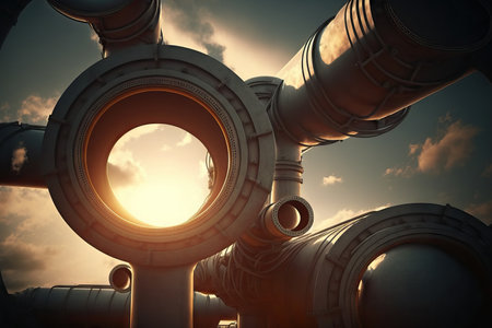 Industrial pipes against a dark, sunlit skyの素材