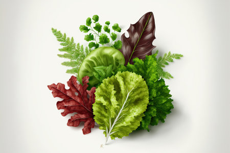 Leaf lettuce and fresh vegetables. A single image on a white backdropの素材