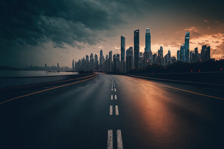 View of the Chongqing cityscape and skyline at dusk from an empty asphalt roadの素材