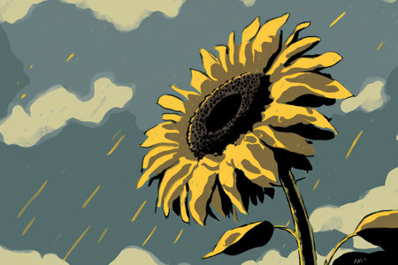 Yellow sunflower up close with a fuzzy overcast sky in the distanceの素材