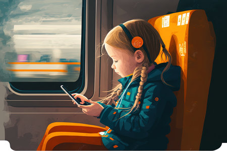 While riding the train, a little child uses her smartphoneの素材